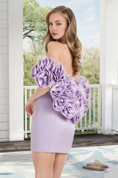 Dressime Bodycon Flowers Puff Sleeves Sweetheart Satin Mini Homecoming Dress