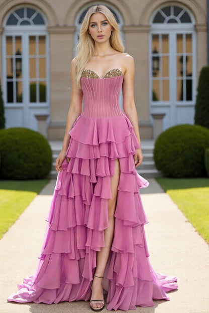 Dressime Bright A Line Strapless Corset Ruffles Slit Long Tiered Prom Dress With Beading