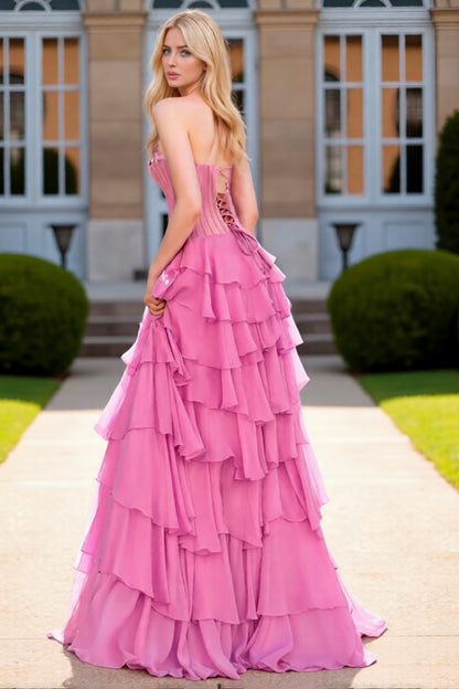 Dressime Bright A Line Strapless Corset Ruffles Slit Long Tiered Prom Dress With Beading