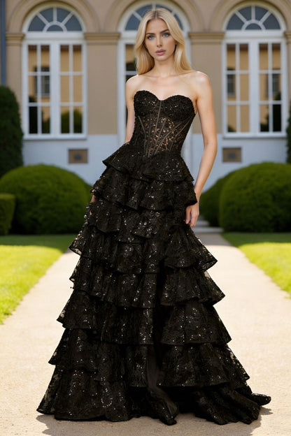 Dressime Brilliant A Line Sweetheart Corset Sequin Appliques Tiered Long Prom Dress With Ruffles