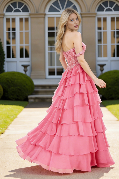 Dressime Chic A Line Off The Shoulder Corset Slit Long Tiered Prom Dress With Appliques