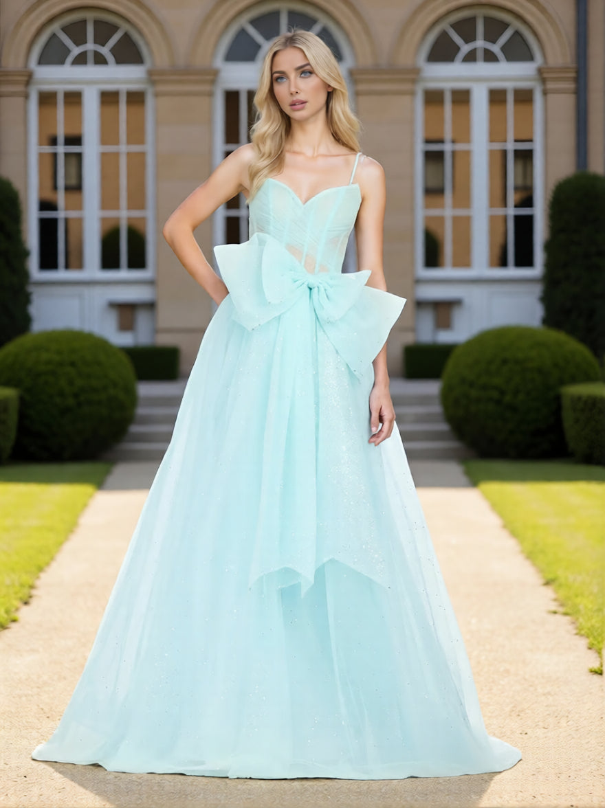 Dressime Chic A Line Spaghetti Straps Corset Bow Tulle Long Prom Dress