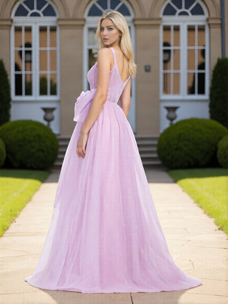 Dressime Chic A Line Spaghetti Straps Corset Bow Tulle Long Prom Dress