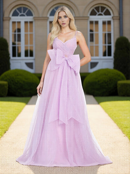Dressime Chic A Line Spaghetti Straps Corset Bow Tulle Long Prom Dress