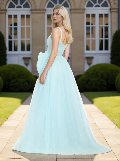 Dressime Chic A Line Spaghetti Straps Corset Bow Tulle Long Prom Dress