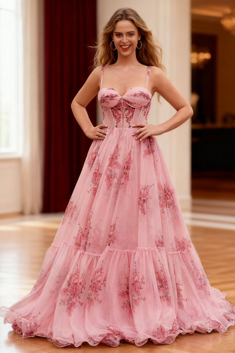 Dressime Chic A Line Straps Tulle Corset Printed Long Prom Dress