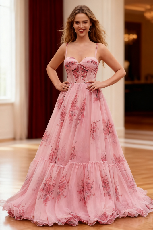 Dressime Chic A Line Straps Tulle Corset Printed Long Prom Dress