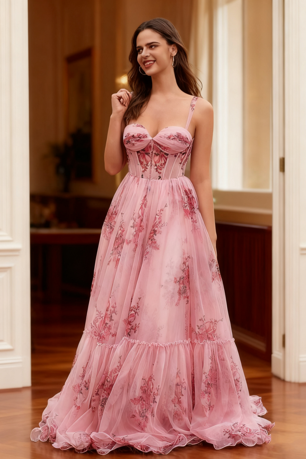 Dressime Chic A Line Straps Tulle Corset Printed Long Prom Dress