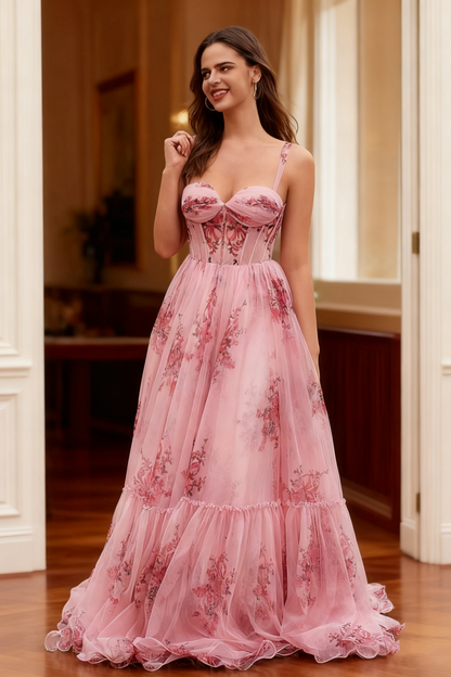 Dressime Chic A Line Straps Tulle Corset Printed Long Prom Dress
