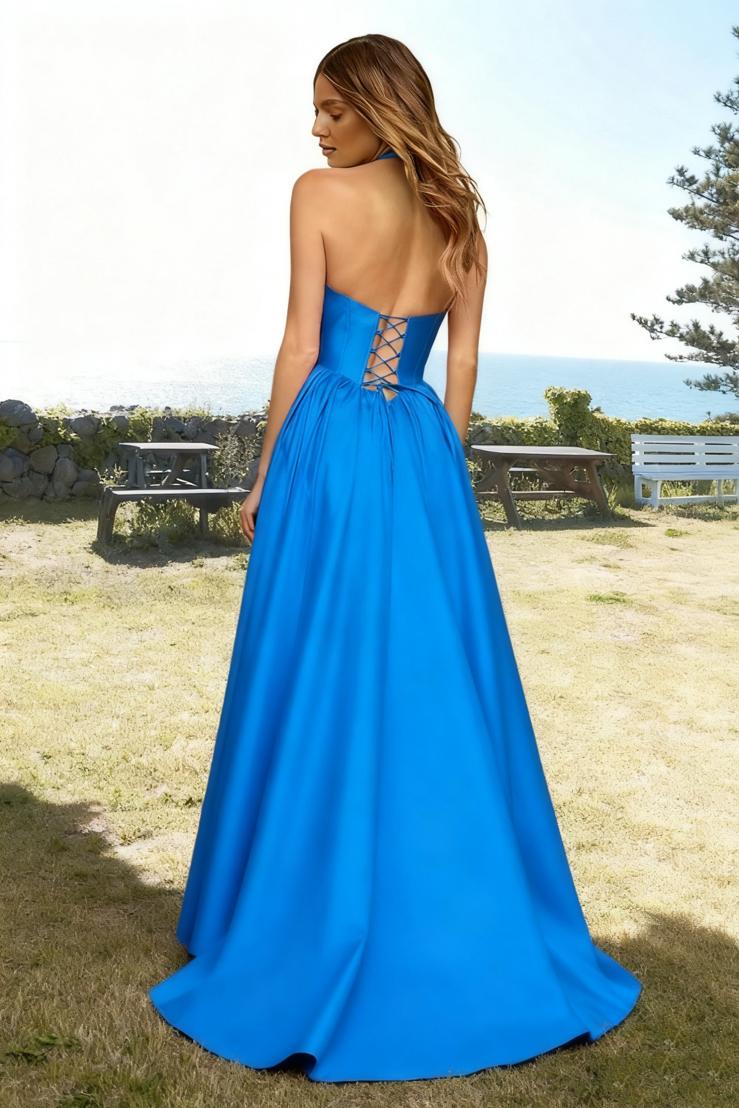 Dressime Classic A Line Halter Keyhole Corset Bodice Long Prom Dress