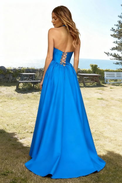 Dressime Classic A Line Halter Keyhole Corset Bodice Long Prom Dress