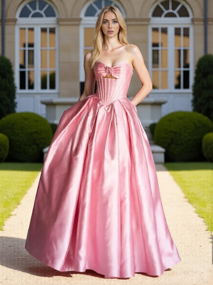 Dressime Classic A Line Strapless Corset Satin Bow Long Prom Dress With Keyhole
