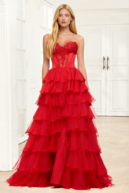 Dressime Classic A Line Sweetheart Corset Tiered Long Prom Dress With Appliques
