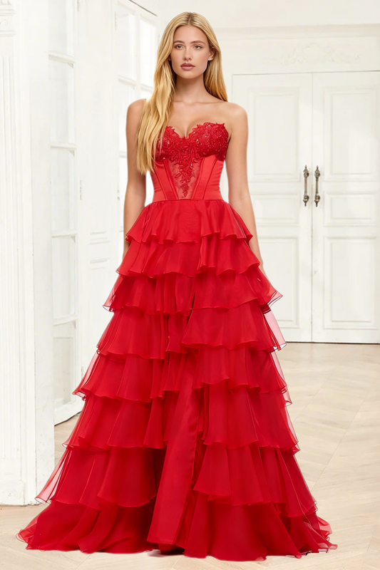 Dressime Classic A Line Sweetheart Corset Tiered Long Prom Dress With Appliques