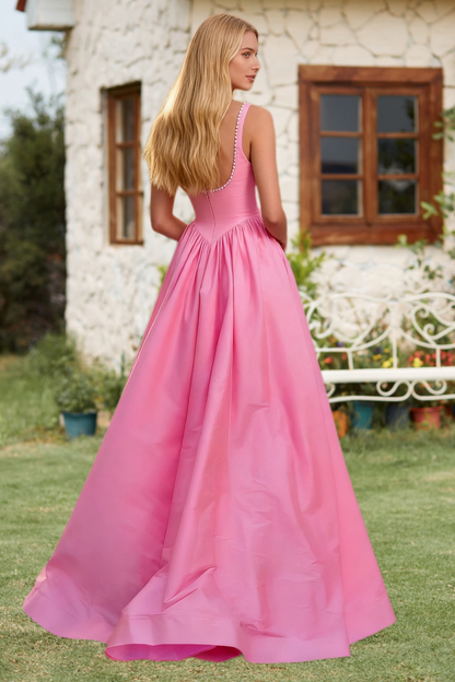 Dressime Cute A Line Straps Corset Satin Long Prom Dress With Slit