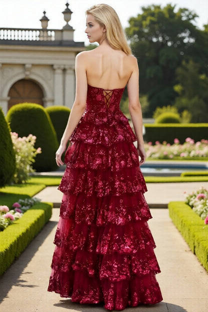 Dressime Dazzling A Line Sweetheart Corset Tulle Ruffles Slit Long Tiered Prom Dress With Sequin Appliques