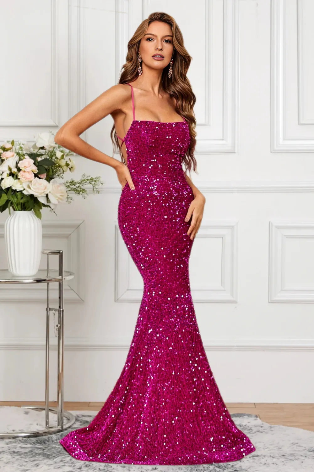 Dressime Women Delicate Fuchsia Sequin Formal Dress Mermaid Spaghetti  Straps Prom Dress  dressime