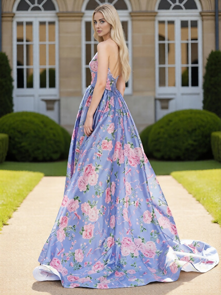 Dressime Dreamy A Line Halter V Neck  Floral Printed Long Prom Dress With Slit