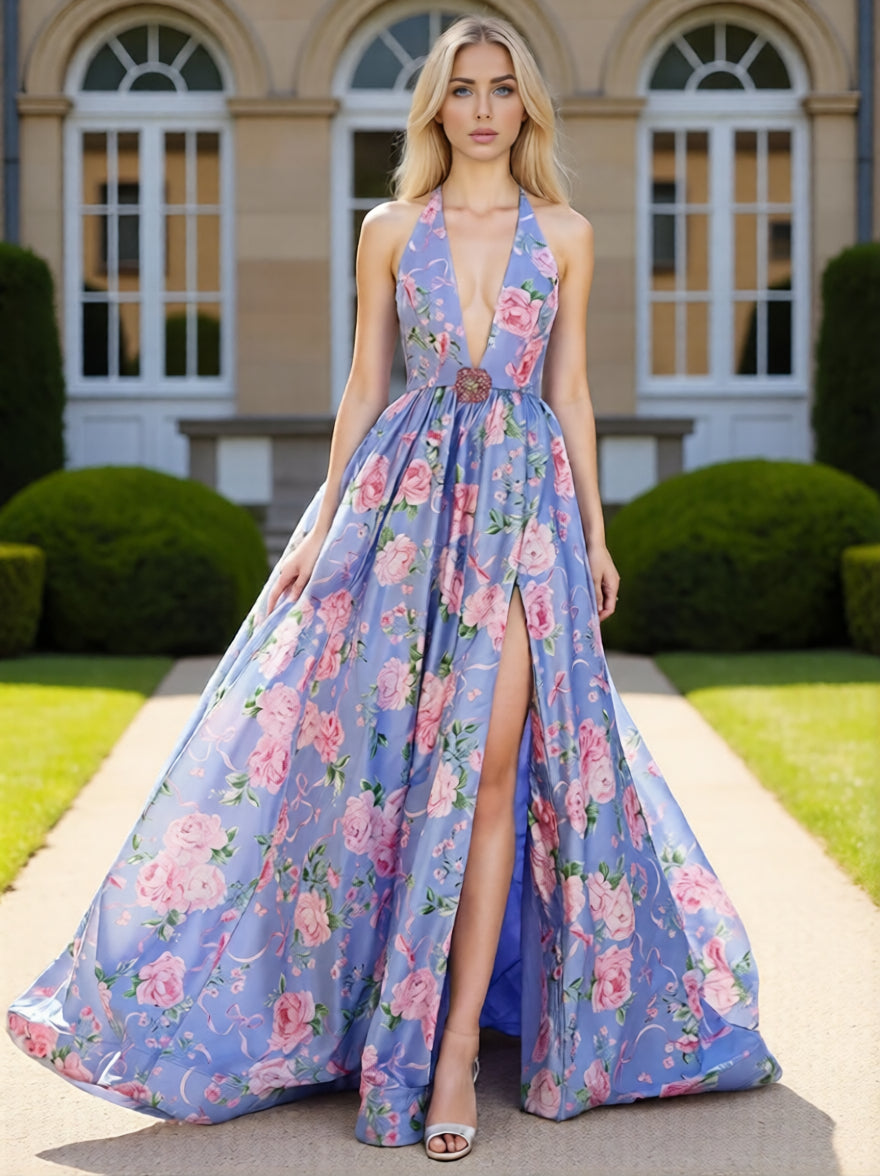 Dressime Dreamy A Line Halter V Neck  Floral Printed Long Prom Dress With Slit