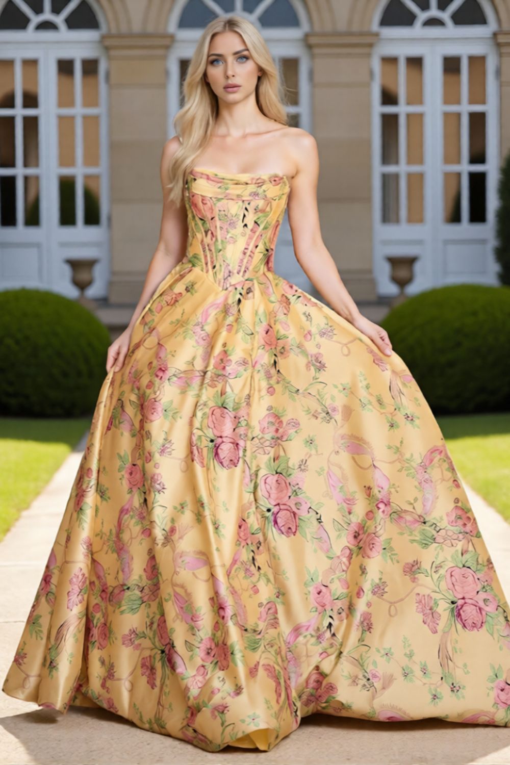 Dressime Dreamy A Line  Strapless Floral Printed Corset Long Prom Dress with Slit