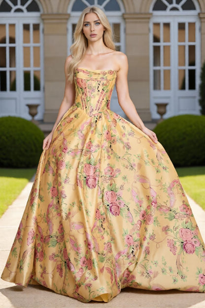 Dressime Dreamy A Line  Strapless Floral Printed Corset Long Prom Dress with Slit