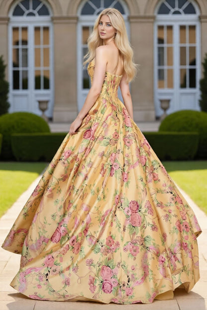 Dressime Dreamy A Line  Strapless Floral Printed Corset Long Prom Dress with Slit
