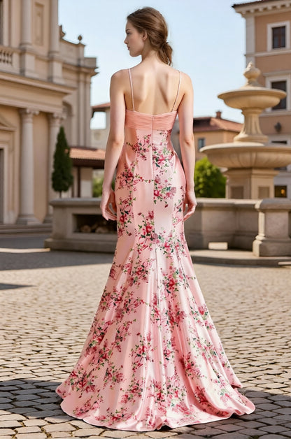 Dressime Dreamy Mermaid Spaghetti Straps Floral Printed Long Tiered Prom Dress With Bow