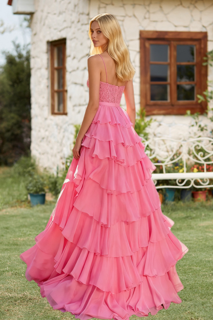 Dressime Elegant A Line Spaghetti Straps Slit Tiered Long Prom Dress With Bow