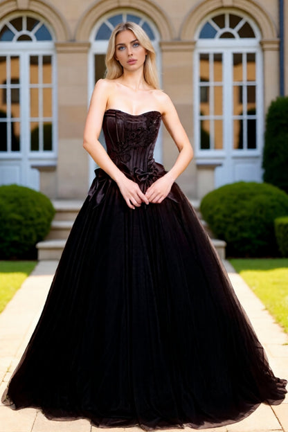 Dressime Elegant A Line Strapless Corset Tulle Long Prom Dress With Bow