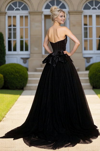 Dressime Elegant A Line Strapless Corset Tulle Long Prom Dress With Bow