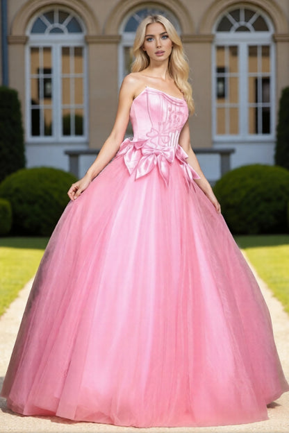 Dressime Elegant A Line Strapless Corset Tulle Long Prom Dress With Bow