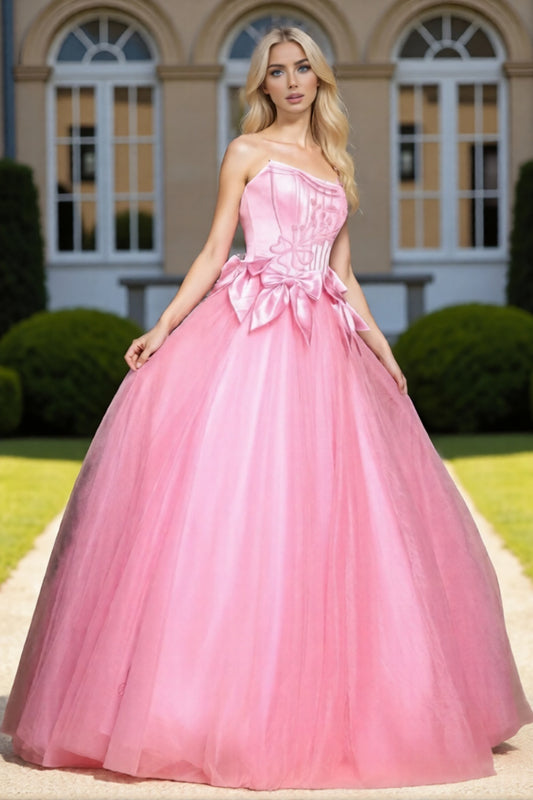 Dressime Elegant A Line Strapless Corset Tulle Long Prom Dress With Bow