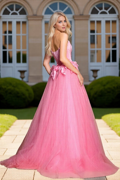 Dressime Elegant A Line Strapless Corset Tulle Long Prom Dress With Bow