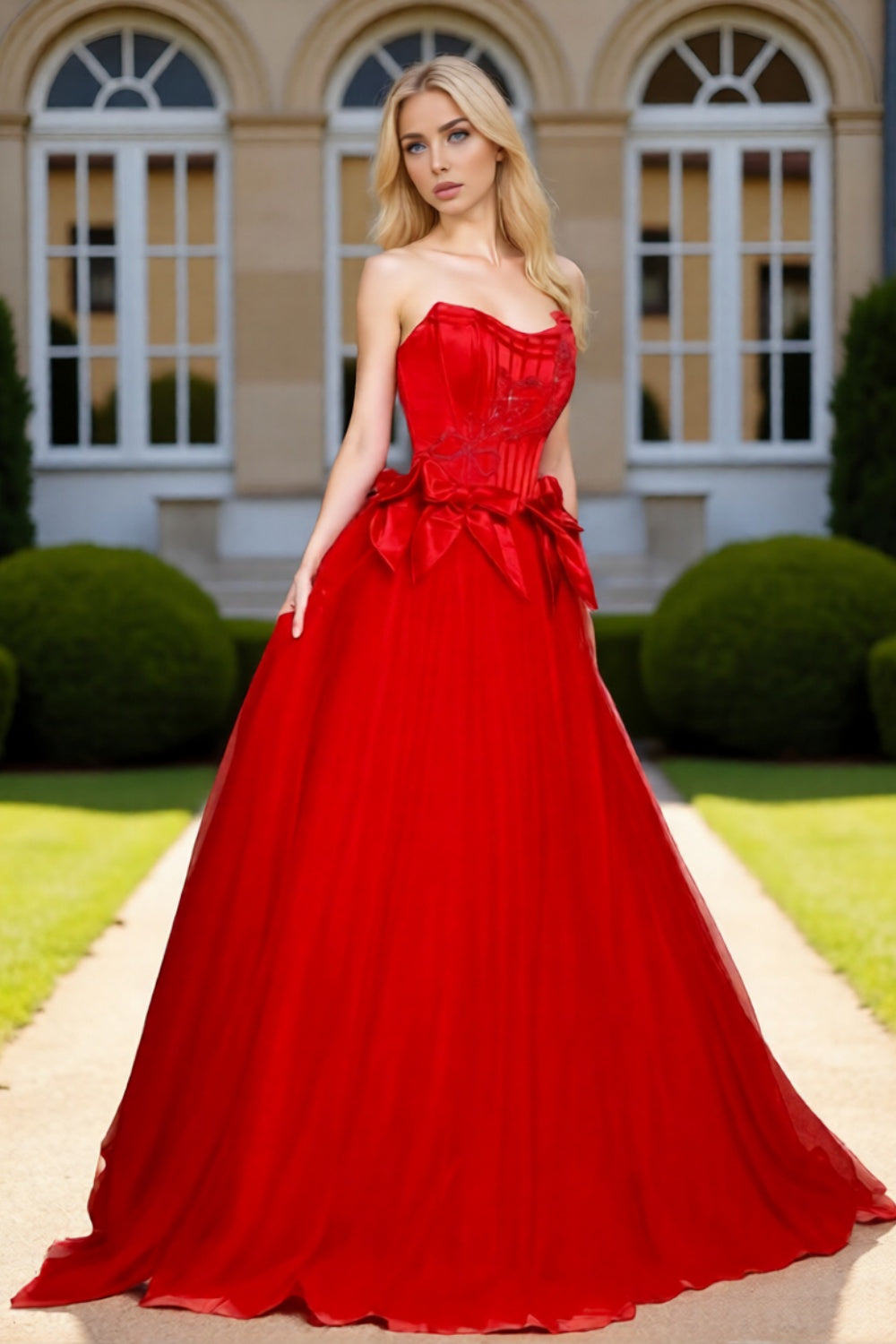 Dressime Elegant A Line Strapless Corset Tulle Long Prom Dress With Bow