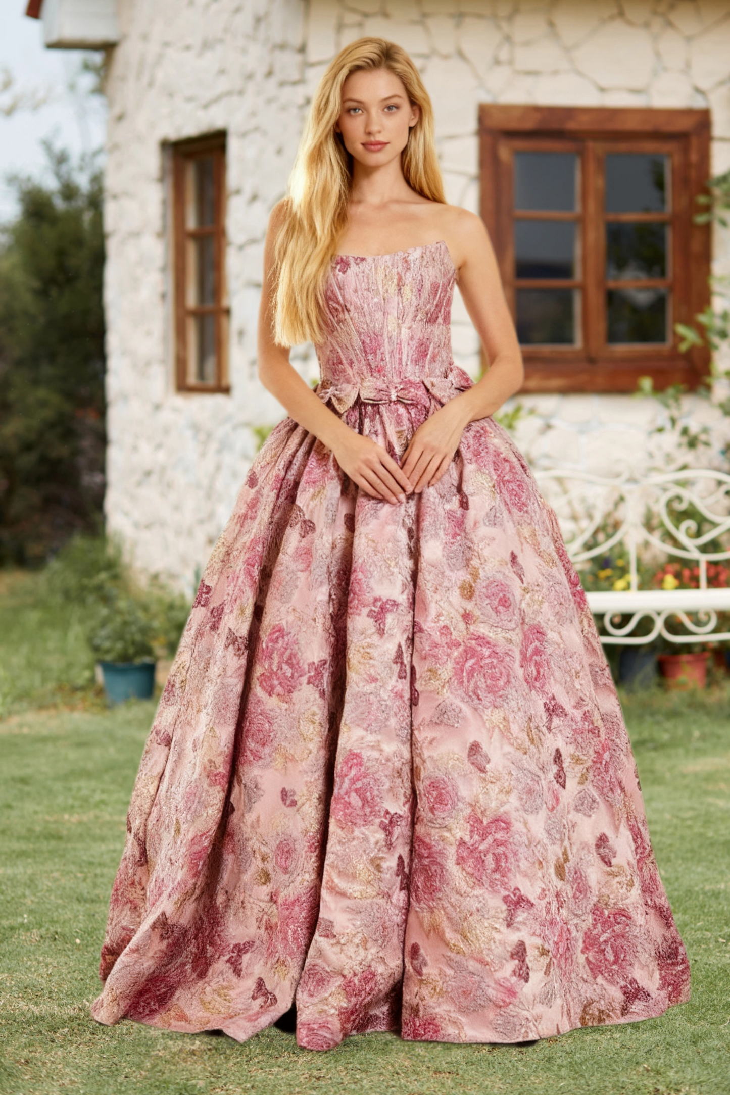 Dressime Elegant A Line Strapless Jacquard Long Prom Dress With Bowknot