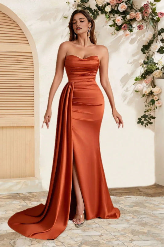 Dressime Elegant Mermaid Satin Strapless Side Slit Long Bridesmaid Dress