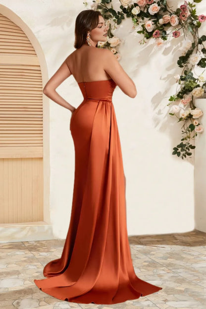 Dressime Elegant Mermaid Satin Strapless Side Slit Long Bridesmaid Dress