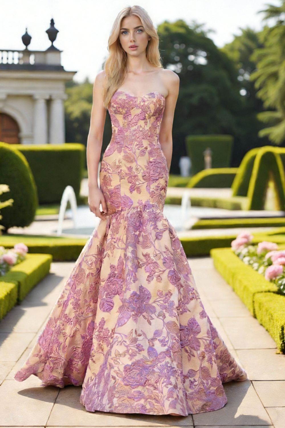 Dressime Elegant Mermaid Strapless Jacquard Long Prom Dress