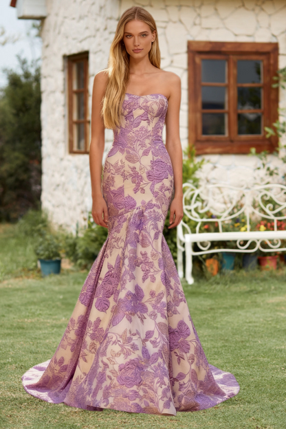 Dressime Elegant Mermaid Strapless Jacquard Long Prom Dress