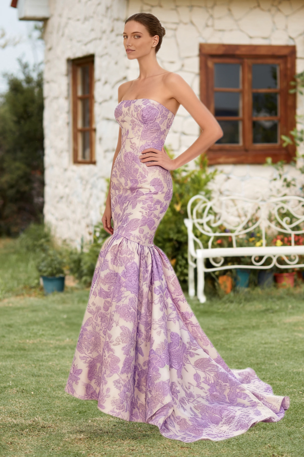 Dressime Elegant Mermaid Strapless Jacquard Long Prom Dress