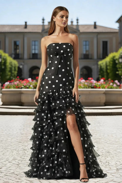 Dressime Elegant Mermaid Strapless Polka Dots Ruffles Long Tiered Prom Dress
