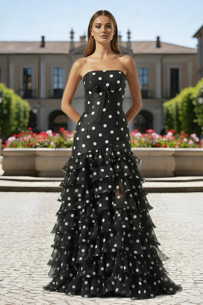 Dressime Elegant Mermaid Strapless Polka Dots Ruffles Long Tiered Prom Dress