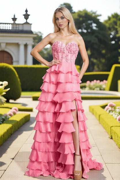 Dressime Exquisite A Line Sweetheart Corset Beaded Slit Long Tiered Prom Dress With Ruffles