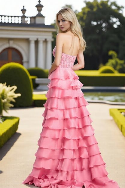Dressime Exquisite A Line Sweetheart Corset Beaded Slit Long Tiered Prom Dress With Ruffles
