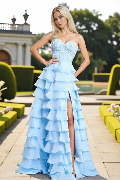 Dressime Exquisite A Line Sweetheart Corset Beaded Slit Long Tiered Prom Dress With Ruffles