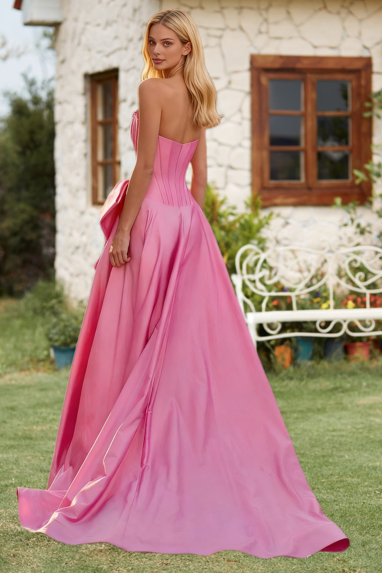Dressime Fantasy A Line Strapless Beaded Satin Slit Long Prom Dress With Bow