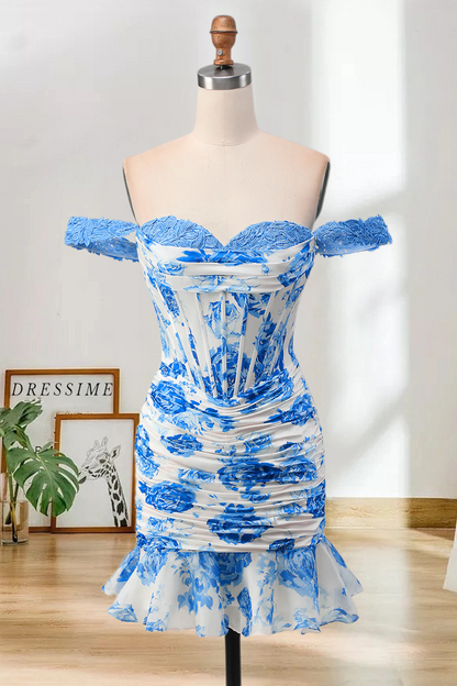 Dressime Fitted Off the Shoulder Corset Printed Mini Homecoming Dress with Ruffles