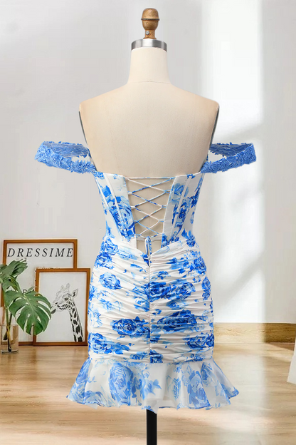 Dressime Fitted Off the Shoulder Corset Printed Mini Homecoming Dress with Ruffles
