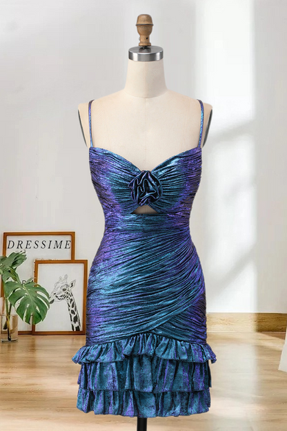 Dressime Fitted Spaghetti Straps Metallic Ruched Keyhole Ruffled Mini Homecoming Dress