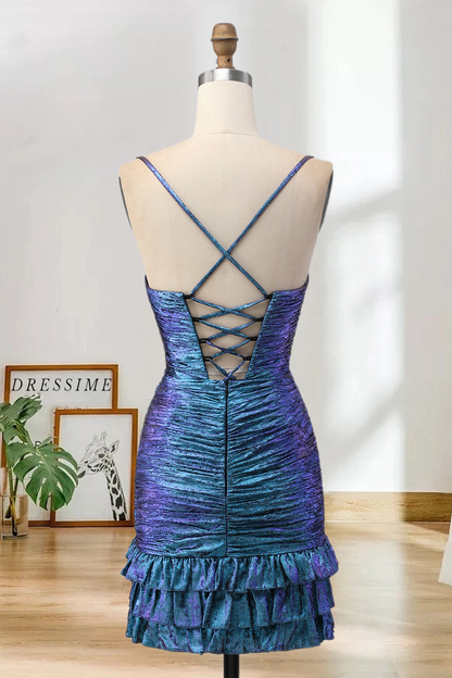 Dressime Fitted Spaghetti Straps Metallic Ruched Keyhole Ruffled Mini Homecoming Dress